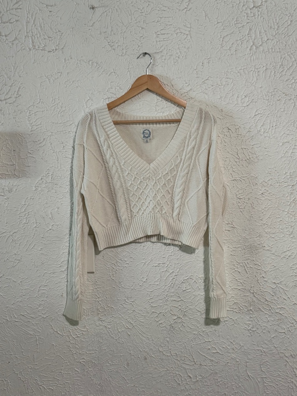 Blue Rain Cream Cable Knit Cropped V Neck Sweater XS 100% Cotton
